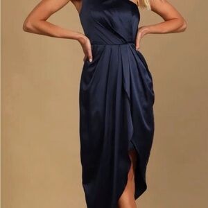 Lulu's‎ Midnight Blue One-Shoulder Cocktail Dress Silky Prom